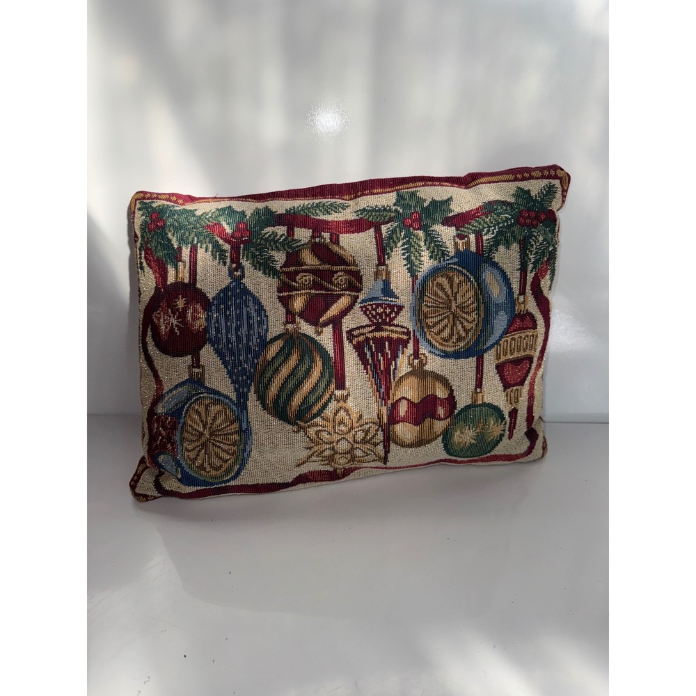 Vintage Christmas Tapestry Throw Pillow Woven Ornament Holiday Decor Burgundy